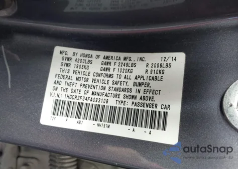 2015 Honda Accord Lx from USA, damaged, VIN 1HGCR2F34FA093108